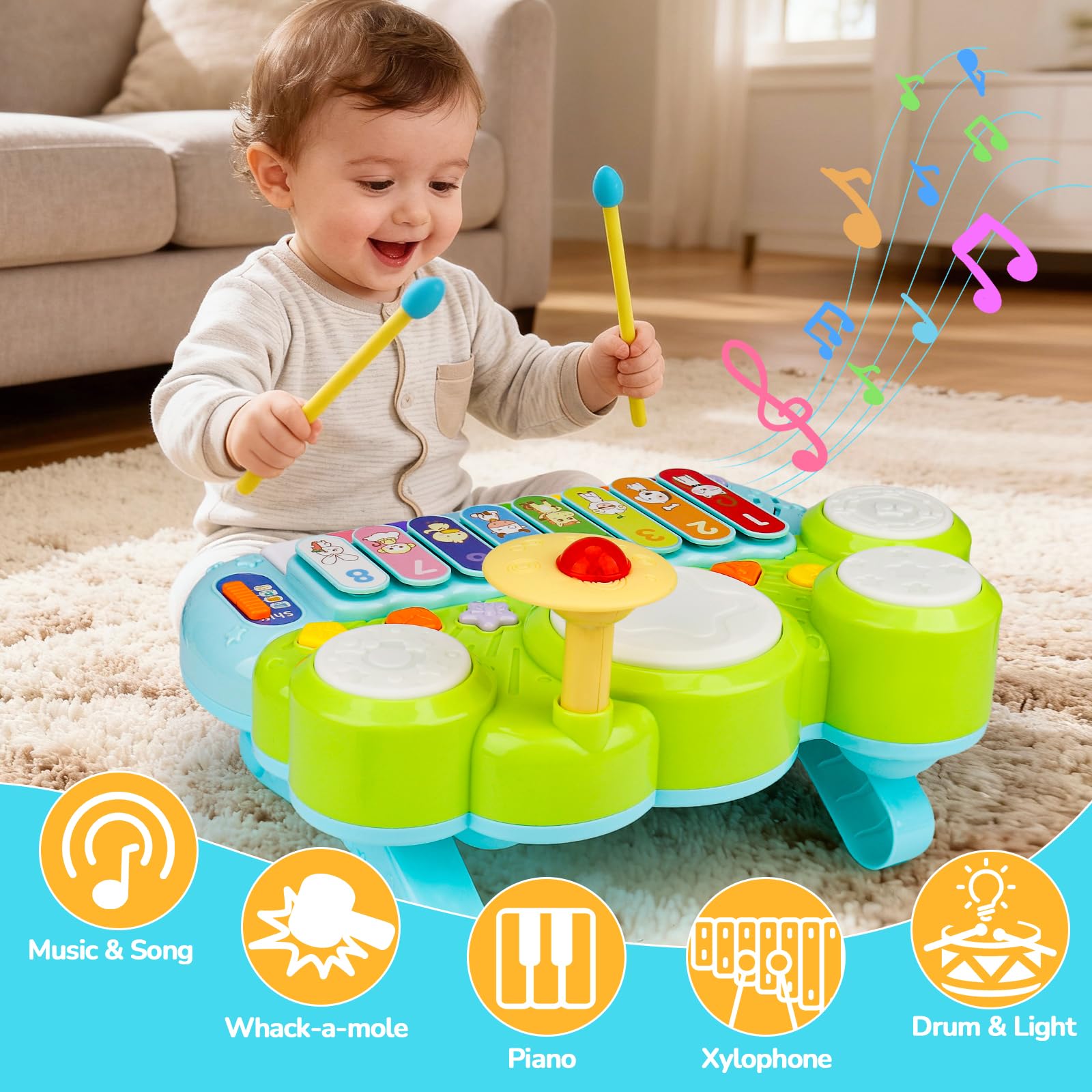 3-in-1 Musical Piano, Xylophone & Drum Set for Toddlers